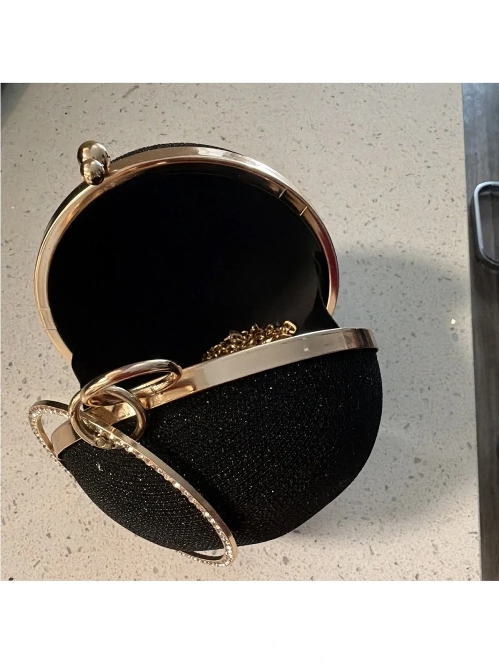Round Black Sparkle Wristlet Clutch with Gold Hardware